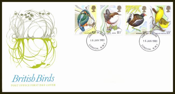 view larger back view image for British Birds set of four on official unaddressed Royal Mail FDC cancelled a 
LONDON NW1
FDI
dated 16 JA 80.