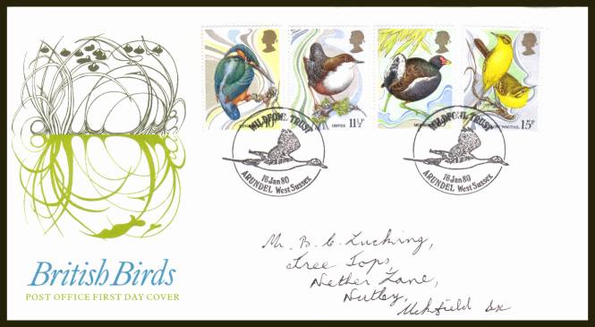view larger back view image for British Birds set of four on official hand addressed Royal Mail FDC cancelled with two strikes of a WILDFOWL TRUST - ARUNDEL - WWEST SUSSEX handstamp.

dated 16 JA 80.