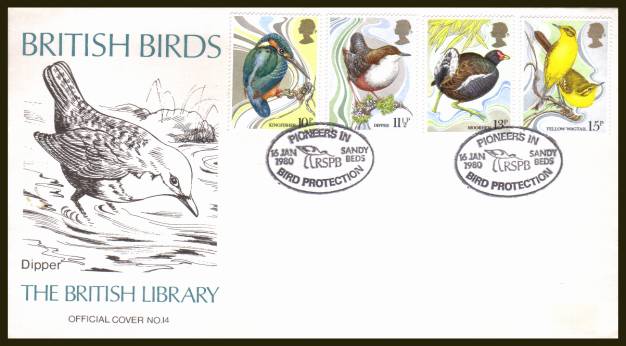 view larger back view image for British Birds set of four on an unaddressed (label removed) British Library  FDC (Number 14) cancelled a SANDY - BEDS 

handstamp
dated 16 JA 80. Rare cover!