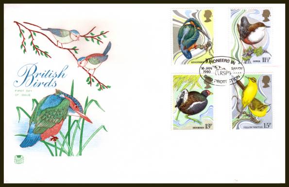view larger back view image for British Birds set of four on an unaddressed Stuart FDC cancelled a SANDY - BEDS

handstamp
dated 16 JA 80.