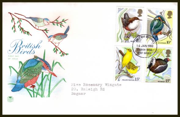 view larger back view image for British Birds set of four on a neatly typed addressed Stuart FDC cancelled a 
BOGNOR REGIS - WEST SUSSEX FDI cancel

dated 16 JA 80.