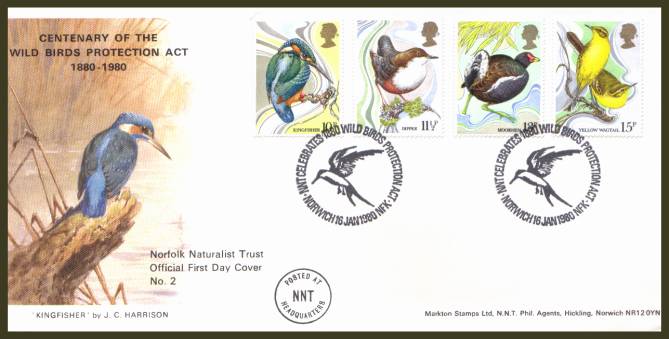view larger back view image for British Birds set of four on an unaddressed Markton (Norfolk Naturalist Trust Official FDC No 2) FDC cancelled two strikes of a  NNT CELEBRATES 1880 WILDBIRD PROTECTION ACT - NORWICH - 

handstamp
dated 16 JA 80.
