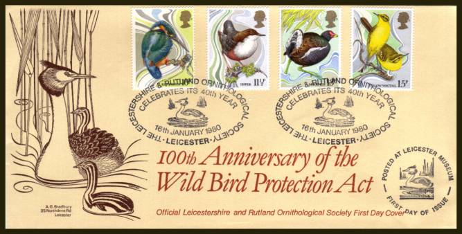 view larger back view image for British Birds set of four on an unaddressed Bradbury FDC cancelled with two strikes of RUTLAND ORNIITHOLOGICAL SOCIETY - LEICESTER 

handstamp
dated 16 JA 80.
