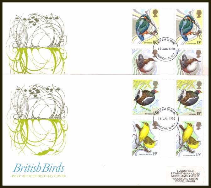 view larger back view image for British Birds set of four in GUTTER PAIRS on two label addressed official Post Office FDC's each cancelled with a single strike of the LONDON N.W.1 FDI cancel dated 16 JAN 1980.