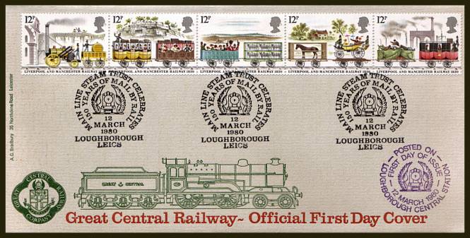 view larger back view image for 150th Anniversary of Liverpool and Manchester Railway strip of five on an UNADDRESSED Bradbury FDC cancelled with three strikes of the MAIN LINE STEAM TRUST - LOUGHBOROUGH handstamp dated 12 MARCH 1980