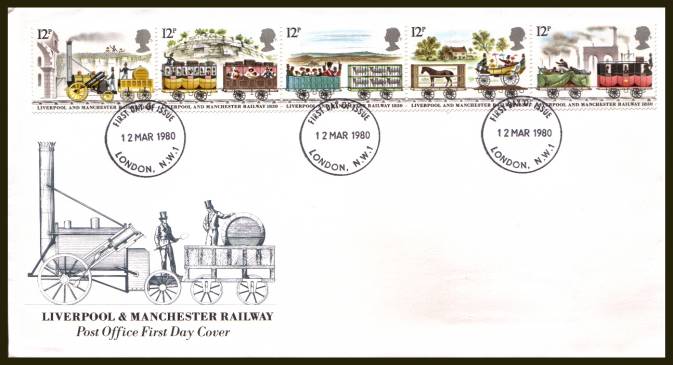 view larger back view image for 150th Anniversary of Liverpool and Manchester Railway strip of five on an official unaddressed Royal Mail FDC cancelled with the 
LONDON N.W.1
FDI cancel dated 12 MARCH 1980