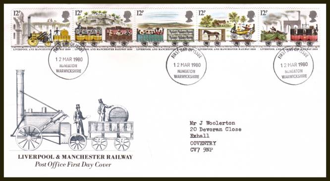 view larger back view image for 150th Anniversary of Liverpool and Manchester Railway strip of five on an official typed addressed Royal Mail FDC cancelled with the NUNEATON - WARWICKSHIRE

FDI cancel dated 12 MARCH 1980