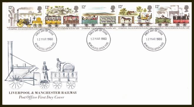 view larger back view image for 150th Anniversary of Liverpool and Manchester Railway strip of five on an official unaddressed Royal Mail FDC cancelled with the 
NEWCASTLE-UPON-TYNE
FDI cancel dated 12 MARCH 1980