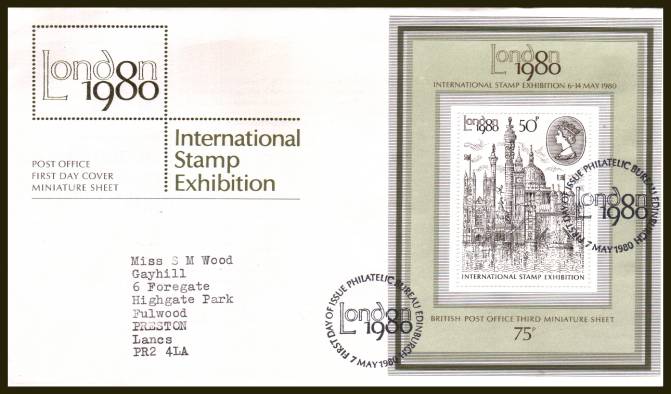 view larger back view image for ''London 1980'' minisheet on a neatly typed addressed official Royal Mail FDC cancelled with a strike of the PHILATELIC BUREAU - EDINBURGH  handstamp cancel dated 7 MAY 1980