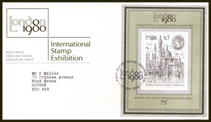 view larger back view image for ''London 1980'' minisheet on a neatly typed addressed official Royal Mail FDC cancelled with a strike of the LONDON S.W. handstamp cancel dated 7 MAY 1980