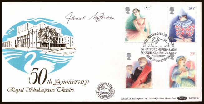 view larger back view image for EUROPA - British Theatre  set of four on an unaddressed official Benham FDC cancelled with a ROYAL SHAKESPEARE THEATRE - STRATFORD_UPON-AVON - WARWICKSHIRE handstamp

 dated 28 APRIL 1982. The cover is autographed by JANET SUZMAN  (actress 1939 - ) BOCS