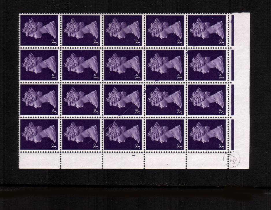 view larger image for SG 729var (1967) - 3d Violet - One Centre Band<br/>
A superb unmounted mint block of twenty from the SW corner of the sheet showing Cylinder 1 DOT. The block shows an <b>''INK SWIRL''</b> affecting seven stamps. Rare and unusual.<br/><b>QRQ</b>
