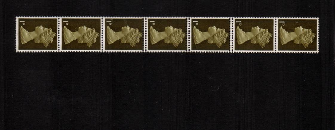 view larger image for SG 724var (1967) - 1d Light Olive - 2 Bands<br/>
A superb unmounted mint verticat strip of seven showing <b>THREE COMB JUMPS</b> affecting the tops of three central stamps. Unusual.


<br/><b>QRQ</b>