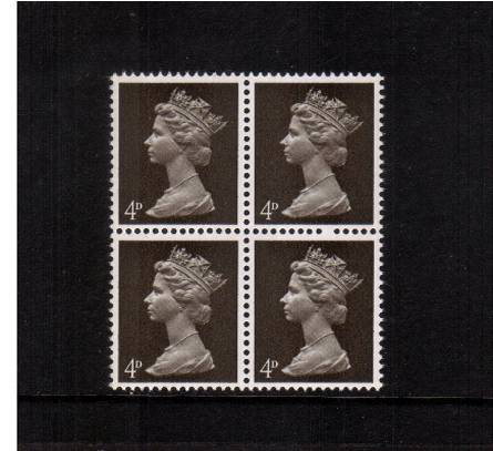 view larger image for SG 731var (1967) - 4d Deep Sepia - 2 Bands - Gum Arabic<br/>
A superb unmounted mint block of four showing a <b>''BROKEN PERFORATION PIN''</b> between the two stamps at right.

<br/><b>QRQ</b>