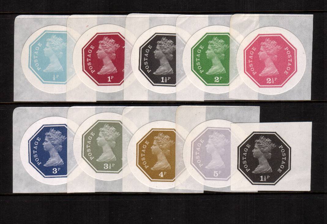 view larger image for  (1974) - The famous SELF ADHESIVE POSTALLY VALID  forerunners complete set of nine  produced by the famous dealer DEREK WORBOYS. This is the third series - circular labels - with the bonus of a 1½d value on paper. A very rare, seldom seen set.
<br/><b>QRQ</b>