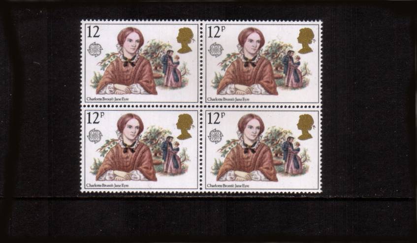 view larger image for SG 1125Ea (1980) - EUROPA - Famous Authoresses. The 12p stamp in a superb unmounted mint block of four showing the 
<b>MISSING 'p' IN VALUE</b> error on one.  <br/><b>QRQ</b>
