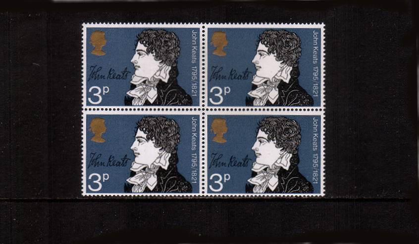 view larger image for SG 884y (1971) - 3p Literary Anniversaries - John Keats<br/>
A superb unmounted mint block of four<br/>showing <b>''PHOSPHOR OMITTED''</b>

<br/><b>QRQ</b>