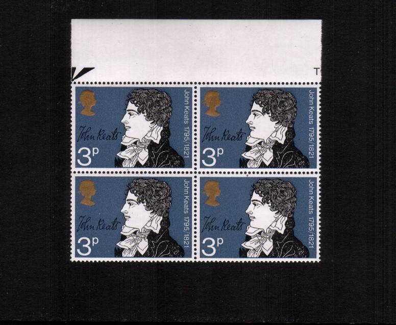 view larger image for SG 884y (1971) - 3p Literary Anniversaries - John Keats<br/>
A superb unmounted mint top marginal block of four<br/>showing <b>''PHOSPHOR OMITTED''</b>

<br/><b>QRQ</b>