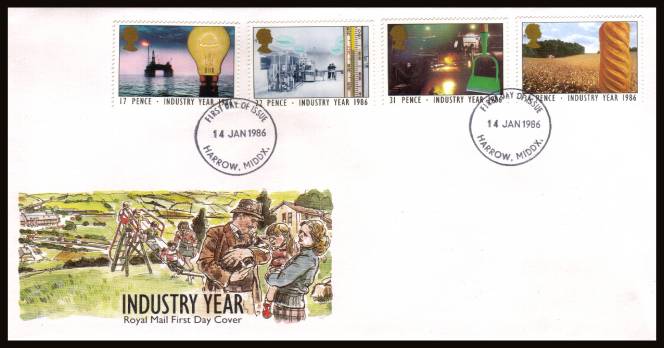 view larger back view image for Industry Year set of four on an unaddressed official Royal Mail FDC cancelled with a
HARROW - MIDDX
FDI cancel  dated 14 JAN 1986