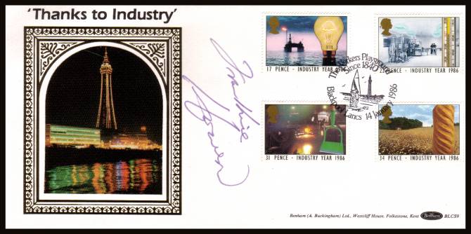 view larger back view image for Industry Year set of four on an Benham FDC cancelled with a special 
handstamp THE WORKERS PLAYGROUND - BLACKPOOL - LANCS
 dated 14 JANNUARY 1986. The cover has been autographed by FRANKIE HOWERD !!  Actually this is a 'known' cover.  BLCS9