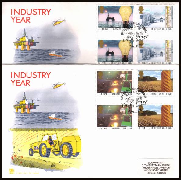 view larger back view image for Industry Year set of four 
in GUTTER PAIRS on two label addressed Stuart  FDC's each cancelled with the PHILATELIC BUREAU - EDINBURGH handstamp dated 14 JANUARY 1986