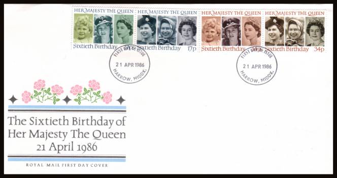 view larger back view image for 60th Birthday of The Queen set of four on an unaddressed Royal Mail FDC cancelled with a 

HARROW - MIDDX 
FDI cancel dated 21 AP 86