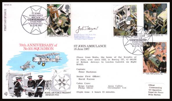 view larger back view image for St John Ambulance set of four on an addressed RAF Museum  FDC cancelled with  ST JOHN AMBULANCE BRIGADE - HYDE PARK - LONDON SW1
handstamp dated 16 JUNE 1987. Autographed by Dr. JOHN TANNER and backstamped 'certified copy No. 1192 of 1400' RFDC55