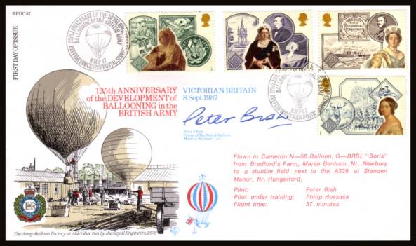 view larger back view image for Accession of Queen Victoria set of four on an unaddressed
Forces
FDC cancelled with a 125TH ANNIVERSARY OF BALLOONING IN THE BRITISH ARMY - BRITISH FORCES POSTAL SERVICE - 2156. Autographed by Peter J. Bish  

handstamp dated 8 SEP 1987.