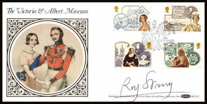 view larger back view image for Accession of Queen Victoria set of four on an unaddressed
Benham ''Silk''
FDC cancelled with a 
VICTORIAN BRITAIN - LONDON SW7 
handstamp dated 8 SEP 1987. Autographed by SIR ROY STRONG director of the V&A MUSEUM, LONDON. BLCS25