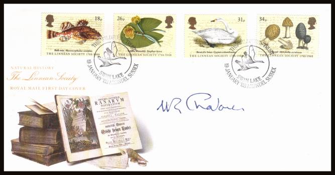 view larger back view image for Linnean Society set of four on official unaddressed Royal Mail FDC cancelled with a handstamp for WILDFOWL TRUST - SWAN LAKE - ARUNDEL - SUSSEX dated 19 JANUARY '88. The cover has been autographed by W. R. CHALLENOR the the President of the society.