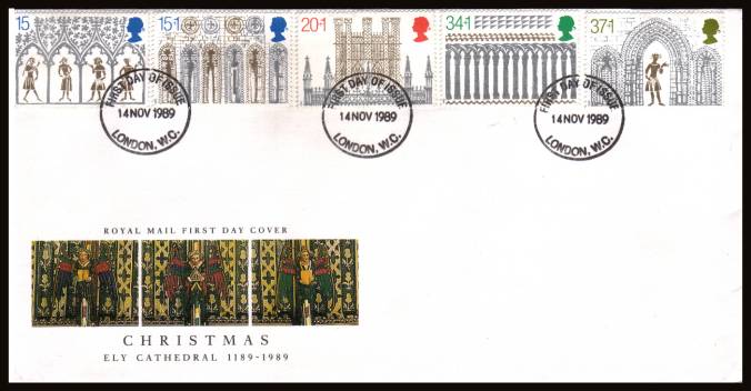 view larger back view image for Christmas set of five on official neatly typed addressed Royal Mail FDC cancelled with a LONDON W.C. FDI cancel dated 
 14 NOV 1989