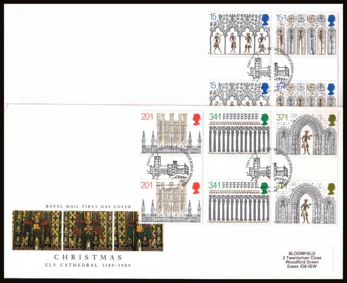 view larger back view image for Christmas set of five 
in GUTTER PAIRS on two label addressed Royal Mail FDC's each cancelled with the PHILATELIC BUREAU - EDINBURGH handstamp 




 dated 14 NOV 1989