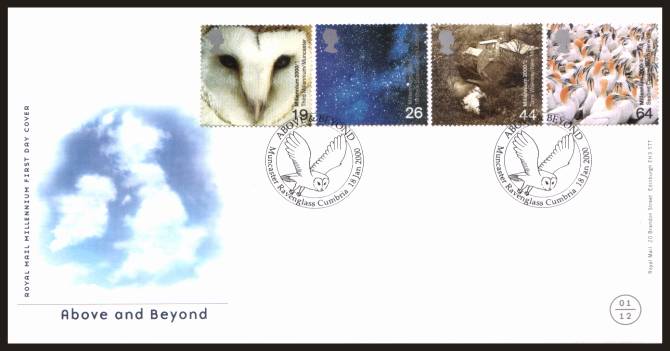 view larger back view image for Millennium Projects - 1st Series - ''Above and Beyond'' set of four on an unaddressed official Royal Mail FDC cancelled with two strikes of the special handstamp for
MUNCASTER - RAVENGLASS - CUMBRIA 
dated 18 JAN 2000<br/><b>QGQ</b