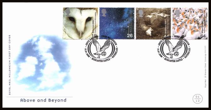 view larger back view image for Millennium Projects - 1st Series - ''Above and Beyond'' set of four on an unaddressed official Royal Mail FDC cancelled with two strikes of the special handstamp for
RAVENGLASS - MUNCASTER CASTLE
dated 18 JANUARY 2000
<br/><b>QGQ</b