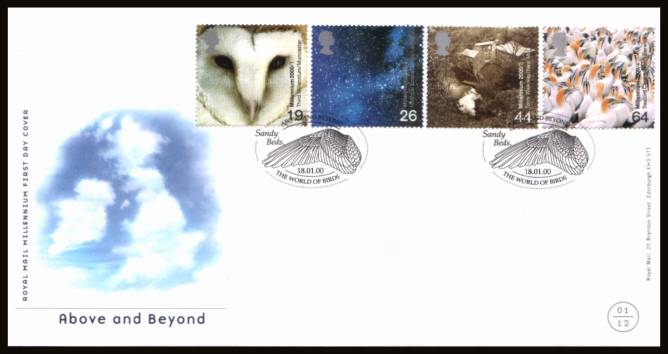 view larger back view image for Millennium Projects - 1st Series - ''Above and Beyond'' set of four on an unaddressed official Royal Mail FDC cancelled with two strikes of the special handstamp for
THE WORLD OF BIRDS - SANDY - BEDS
dated 18.01.00
<br/><b>QGQ</b