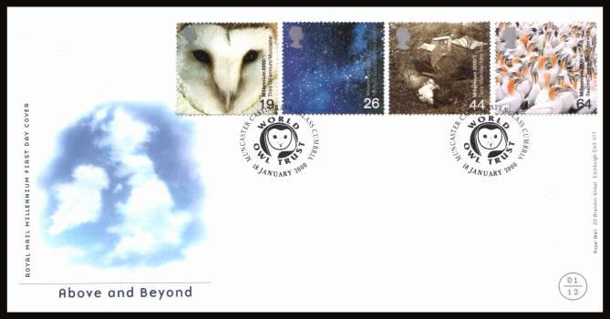 view larger back view image for Millennium Projects - 1st Series - ''Above and Beyond'' set of four on an unaddressed official Royal Mail FDC cancelled with two strikes of the special handstamp for
WORLD OWL TRUST - MUNCASTER CASTLE - RAVENGLASS - CUMBRIA
dated 18 JANUARY 2000
<b