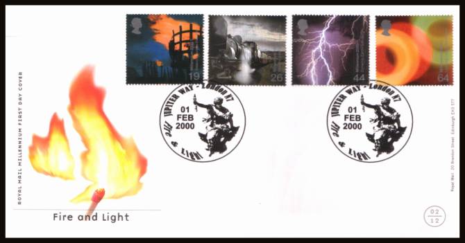 view larger back view image for Millennium Projects - 2nd Series - ''Fire and Light'' set of four on an unaddressed official Royal Mail FDC cancelled with two strikes of the special handstamp for
JUPITER WAY - LONDON N7
dated 01 FEB  2000
<br/><b>QGQ</b