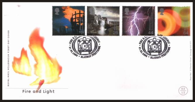 view larger back view image for Millennium Projects - 2nd Series - ''Fire and Light'' set of four on an unaddressed official Royal Mail FDC cancelled with two strikes of the special handstamp for
BLAENAU FFESTINIOG RAILWAY
dated 01.02.2000
<br/><b>QGQ</b