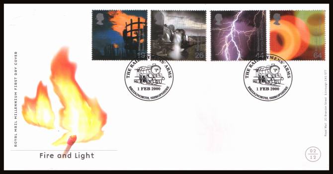 view larger back view image for Millennium Projects - 2nd Series - ''Fire and Light'' set of four on an unaddressed official Royal Mail FDC cancelled with two strikes of the special handstamp for
THE RAILWAYMENS ARMS - BRIDGENORTH - SHROPSHIRE
dated 1 FEB 2000
<br/><b>QGQ</b