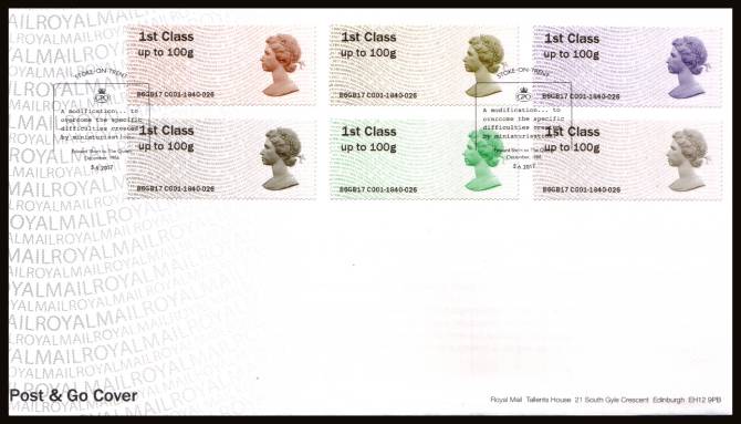 view larger back view image for ROYAL MAIL 'POST & GO' - THE MACHIN DEFINITIVE - set of six on an unaddressed official Royal Mail FDC cancelled with the official alternative FDI cancel for STOKE-ON-TRENT dated 5.6.2017