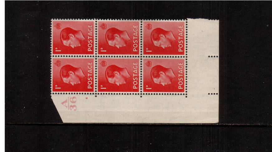 view larger image for SG 458 (1936) - 1d Scarlet<br/>
A superb unmounted mint cylinder block of six<br/>
showing cylinder 6NO DOT - Control A36
