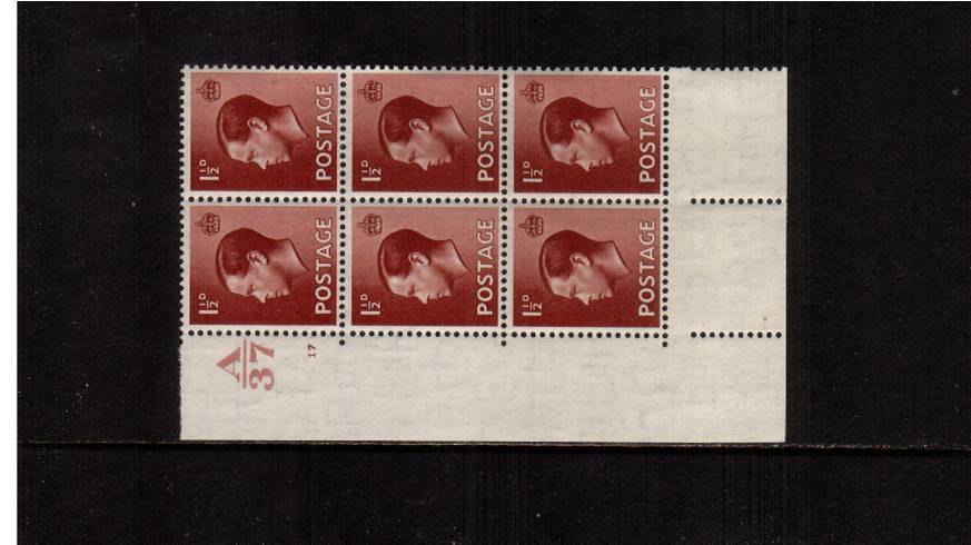 view larger image for SG 459 (1936) - 1½d Red-Brown<br/>
A superb unmounted mint cylinder block of six<br/>
showing cylinder 17NO DOT - Control A37
