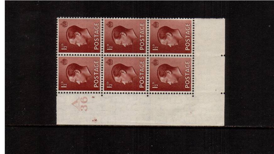 view larger image for SG 459 (1936) - 1½d Red-Brown<br/>
A superb unmounted mint cylinder block of six<br/>
showing cylinder 2NO DOT - Control A36<br/>
This block shows the listed variety ''HAIR FLAW - RETOUCHED''.<br/>
SG Spec Cat £80.00 
