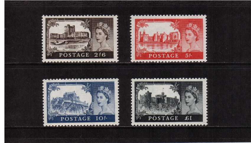 view larger image for SG 595-598 (1959) - <b>''Castles'' printed by De La Rue<br/></b>
know as ''Second De La Rue''<br/>
Multiple Crown watermark set of four