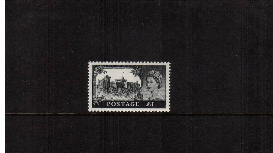 view larger image for SG 539a (1958) - £1 Black<br/>
<b>''Castles'' printed by De La Rue<br/></b>
know as ''First De La Rue''<br/>
Edward Crown watermark