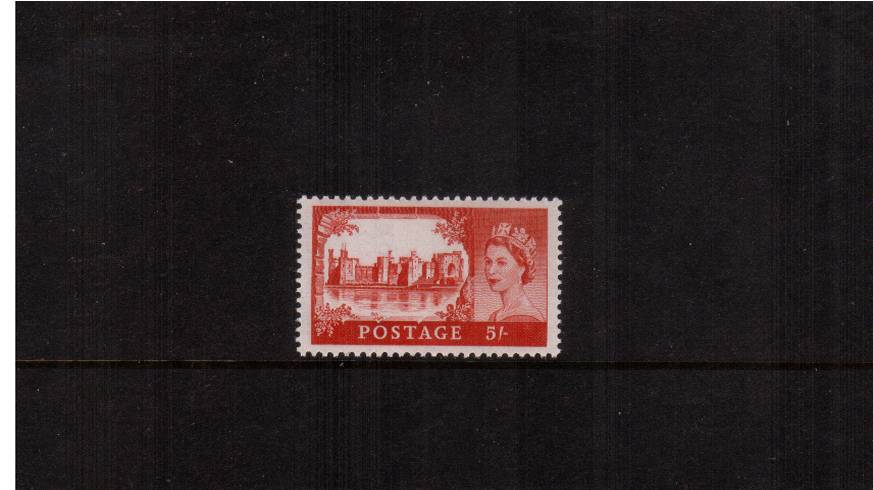 view larger image for SG 596a (1963) - 5/- Red<br/>
<b>''Castles'' printed by Bradbury, Wilkinson<br/></b>

Multiple Crown watermark