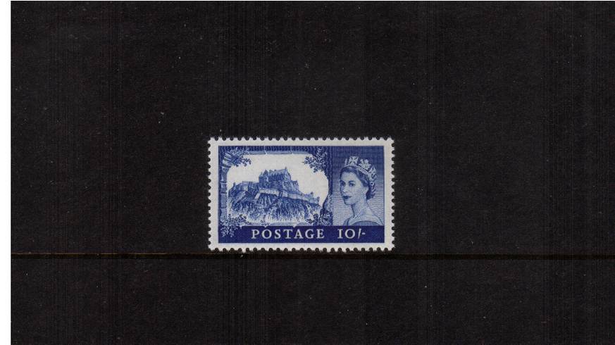 view larger image for SG 597a (1963) - 10/- Bright Ultramarine<br/>
<b>''Castles'' printed by Bradbury, Wilkinson<br/></b>

Multiple Crown watermark