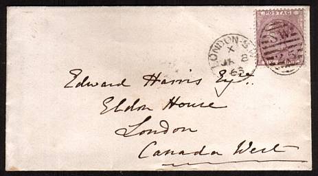 view larger front view of image for 6d Deep Lilac cancelled with a LONDON S.W. 25 duplex dated JA 8 63 addressed to LONDON - CANADA WEST !! Backstamped HAMILTON JA 22 1863. A superb bright and fresh, small neat envelope! Superb!