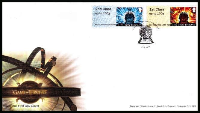 view larger back view image for ROYAL MAIL ''POST & GO'' - Game of Thrones set of two on an unaddressed official Royal Mail FDC cancelled with the official alternative FDI cancel for BELFAST dated 23.1.2018