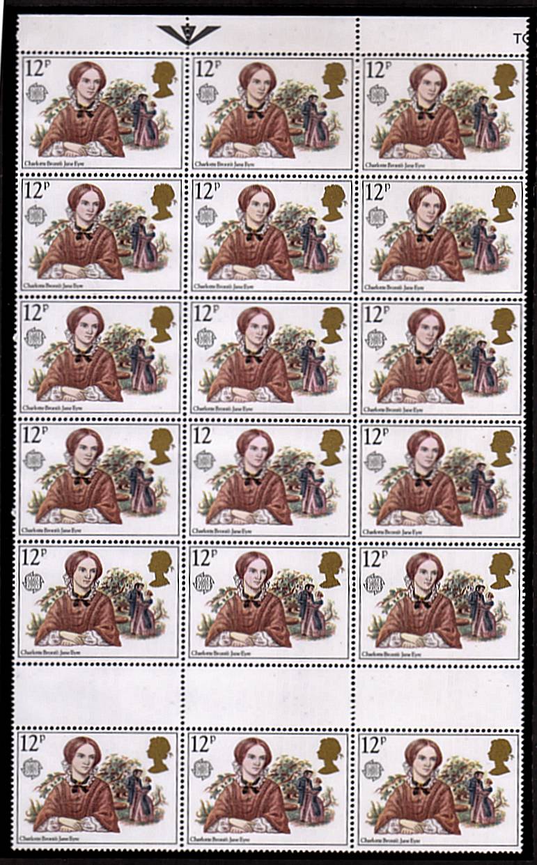 view larger image for SG 1125Ea (1980) - EUROPA - Famous Authoresses. The 12p stamp superb unmounted mint positional block of eighteen showing the
<b>MISSING 'p' IN VALUE</b> error on stamp 4/2